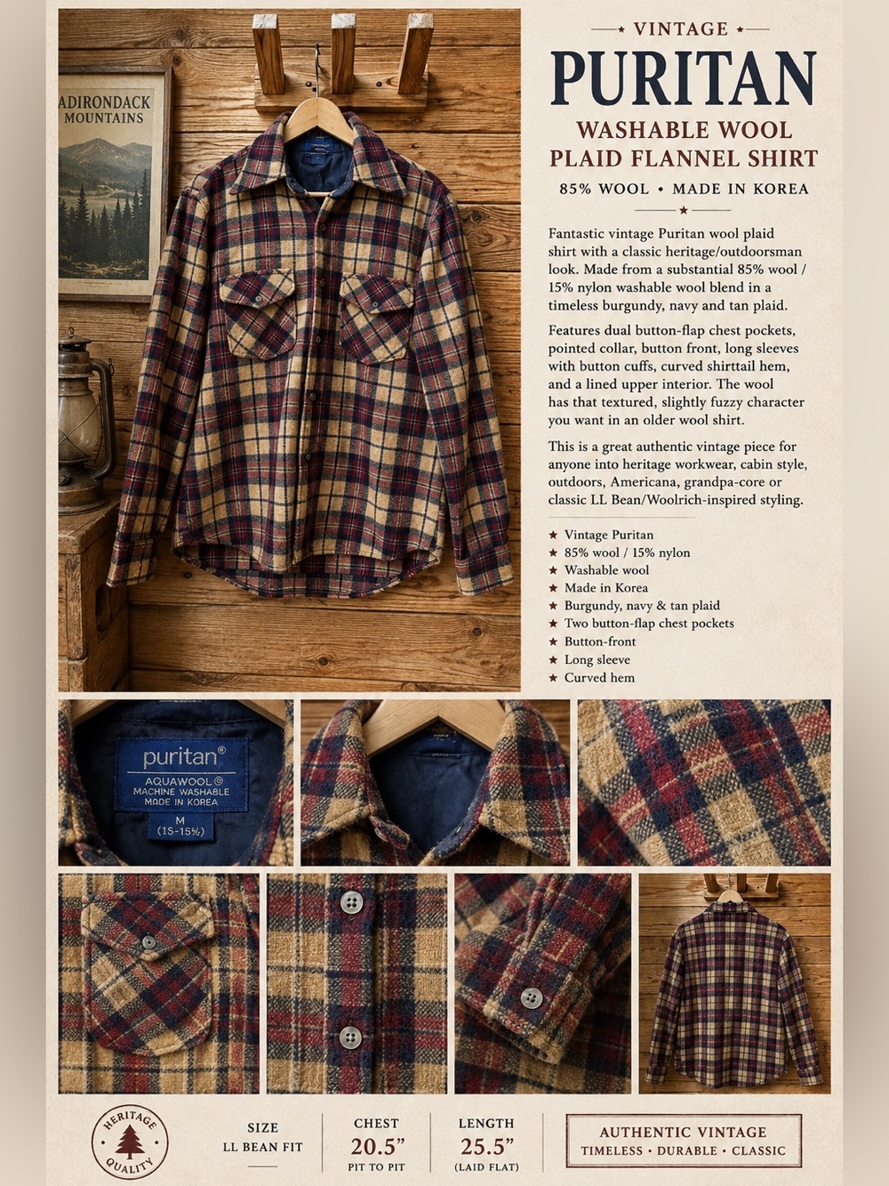 Vintage Puritan Washable Wool Plaid Flannel Shirt 85% Wool Made in Korea